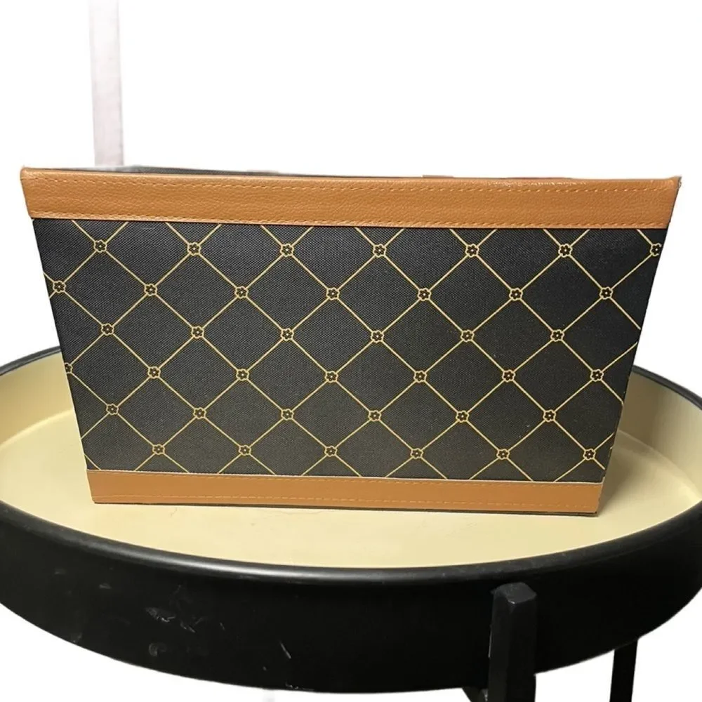 Elegant Black Fabric Storage Bin w/Brown Faux Leather Accents & Monogram Print